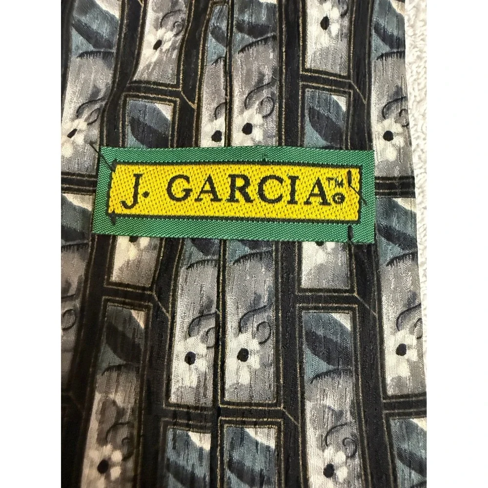 J. Garcia Stonehenge Ltd Mens Silk Necktie Black Grey Blue Floral Geometric USA